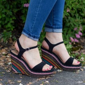 ⬇️ Anthropologie Black Suede Wedges with Multicolor Accents Sz 9